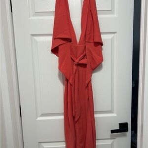 Fashion Nova Coral Textured Midi Dress with Tie Detail